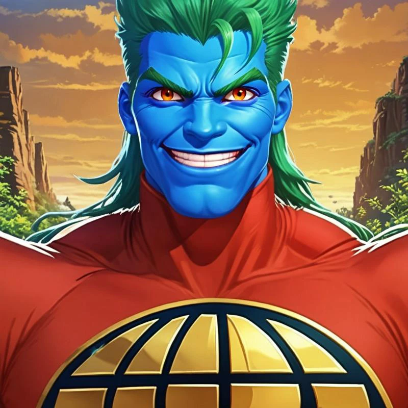 colored, color, strong hero standing on a high mountain, portrait, friendly, smiling at you, victory stance, handsome, green hair, blue skin, red cloth