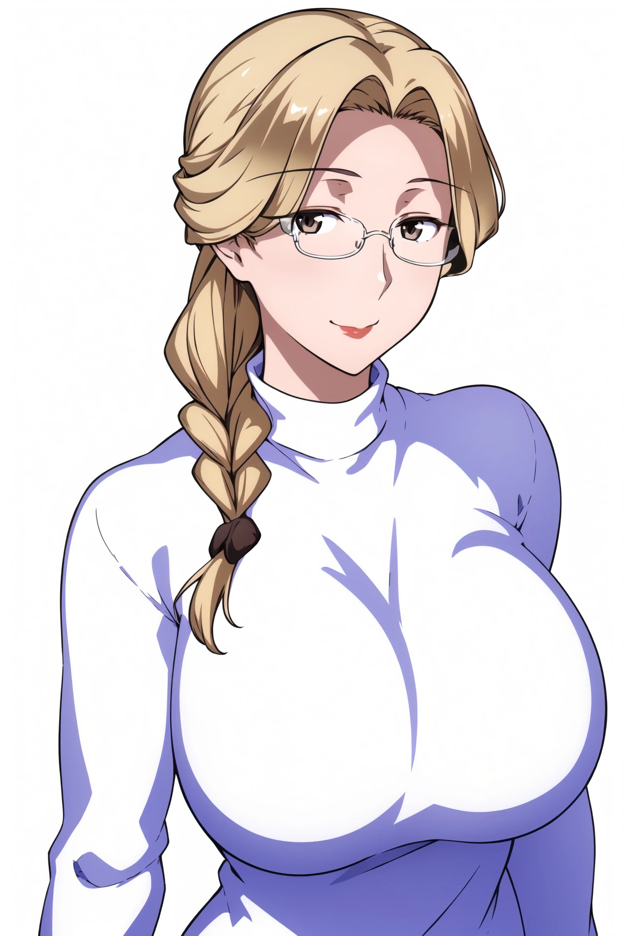 Simple Background,(White_Background:1.1),
dynamic pose,standing at attention,
white sweater, long sleeves, turtleneck,
<lora:Tanemori_Mother-KK77-V1:0.7>,glasses, 
Brown eyes, blonde hair,bangs,Long hair,single braid,Makeup, red lipstick, hair ornament,
<lora:more_details:0.1>,<lora:NovelAI_YesMix5_KKStyle-KK77-Yes5-V1:0.3>,
1 girl, 20yo,Young female,Beautiful long legs,Beautiful body,
Beautiful Nose,Beautiful character design, perfect eyes, perfect face,expressive eyes,perfect balance,
looking at viewer,(Focus on her face),closed mouth, (innocent_big_eyes:1.0),(Light_Smile:0.3),
official art,extremely detailed CG unity 8k wallpaper, perfect lighting,Colorful, Bright_Front_face_Lighting,White skin,
(masterpiece:1.0),(best_quality:1.0), ultra high res,4K,ultra-detailed,
photography, 8K, HDR, highres, absurdres:1.2, Kodak portra 400, film grain, blurry background, bokeh:1.2, lens flare, (vibrant_color:1.2),professional photograph,
(Beautiful,large_Breasts:1.4), (beautiful_face:1.5),(narrow_waist),