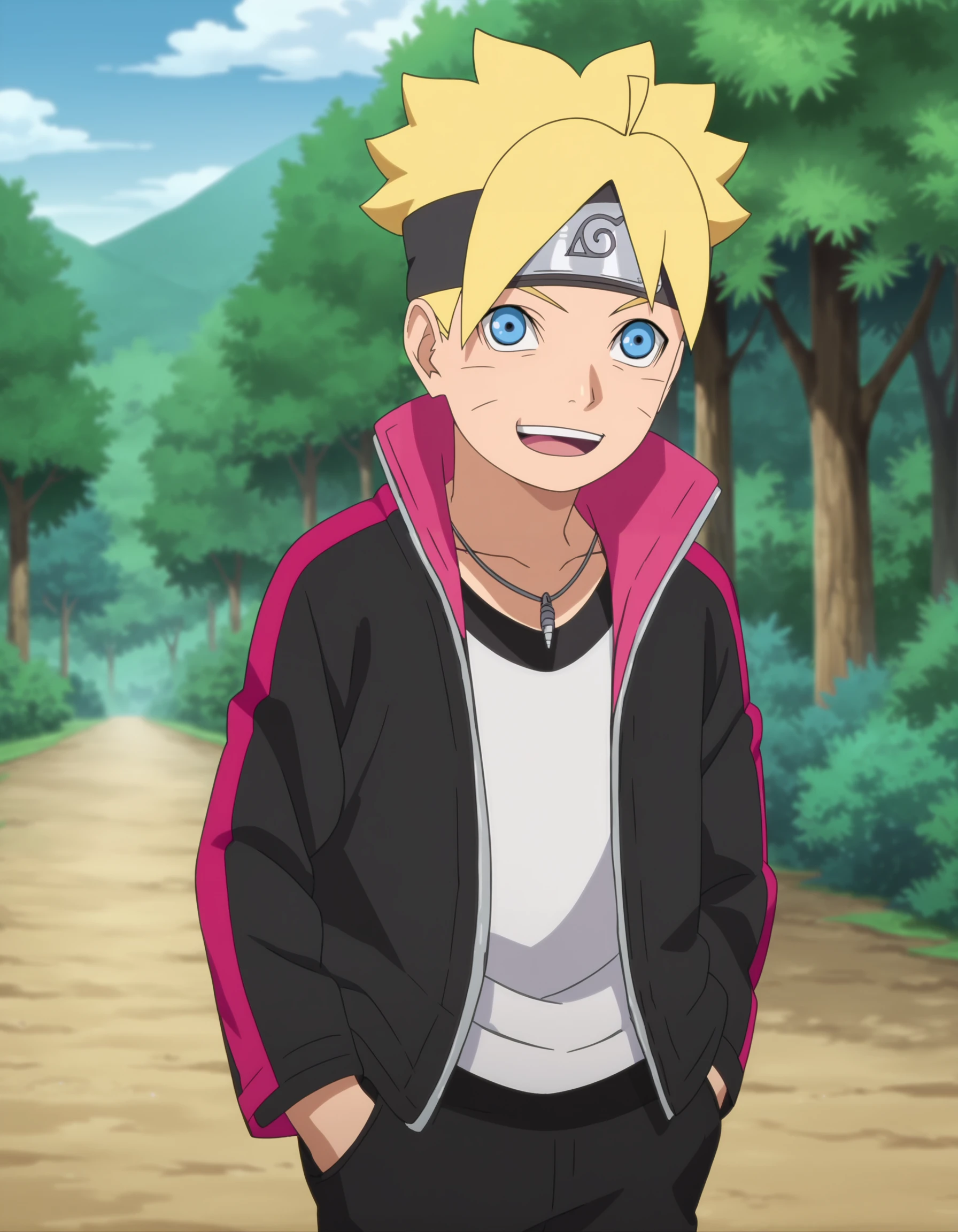 score_9, score_8_up, score_7_up, source_anime,anime screencap,anime coloring,
uncensored,
boruto, 1boy, blonde hair,facial mark,uzumaki boruto,whisker markings, male focus,blue eyes,
jacket,forehead protector,konohagakure symbol,headband,necklace,jewelry,jacket, shirt, black pants, bandages, 
looking at viewer,smile, open mouth, happy,
standing, solo focus,
perfect anatomy,
scenery,outdoors,forest,
<lora:Boruto_Uzumaki_r1:1>