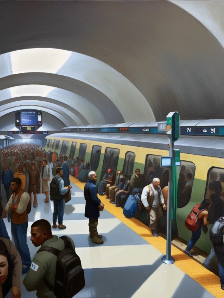 <lora:03realismPainting_Hap_XL:1>,American art,oil painting,peaceful,realism, The screenshot shows a bustling metro station in the futuristic cityscape of New Titan. The station is crowded with people going about their daily lives, oblivious to the danger that lurks beneath the surface.