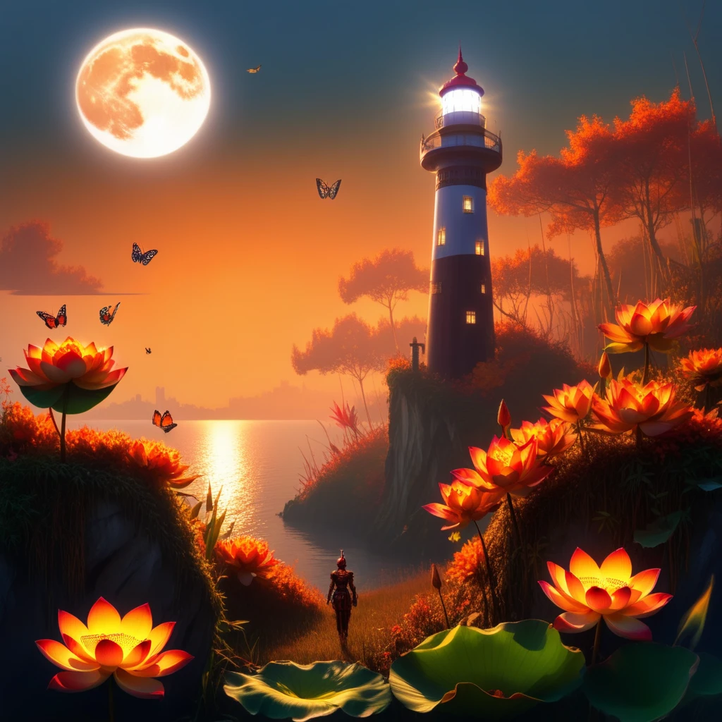 cliff, sunlight, flower field, lotus, armor, butterfly, hair bun, autumn leaves, smoke, bamboo, full moon, orange sky, in tree, lighthouse, pants, ship, skyscraper, lily pad