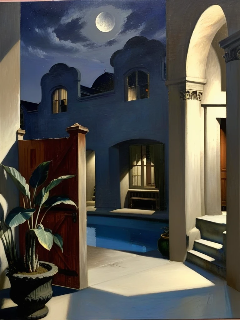 <lora:03realismPainting_Hap_XL:1>,American art,oil painting,peaceful,realism, Moonlit Courtyard: Breath of Relief