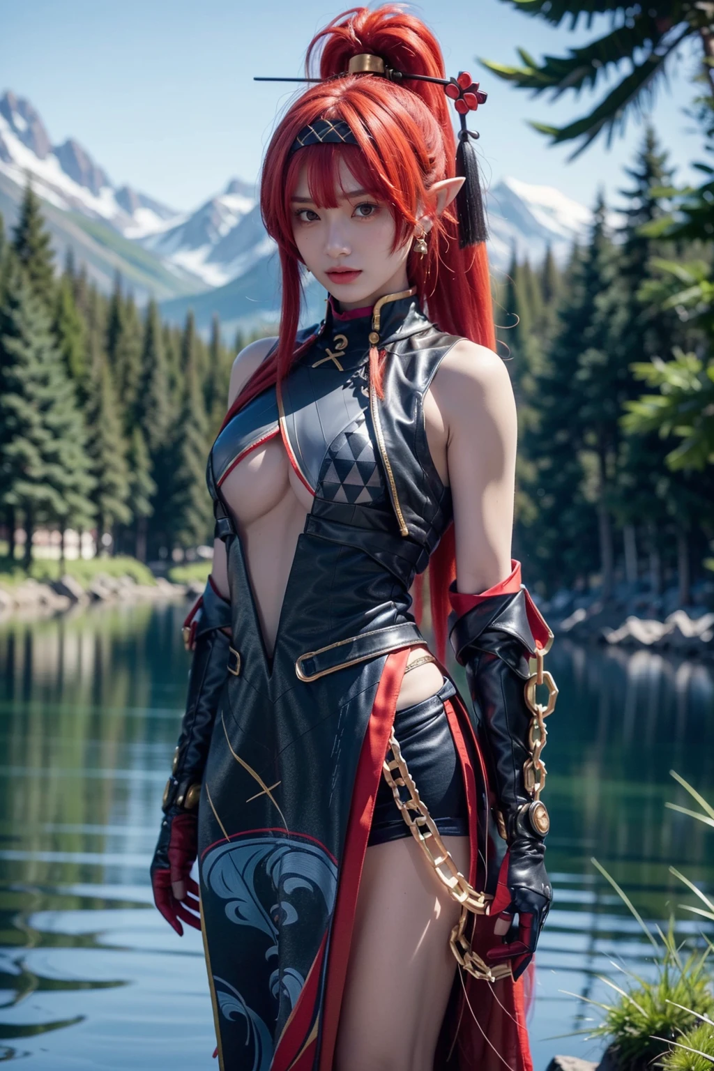 realistic,photorealistic,best quality,masterpiece,highres,8k,RAW photo,ultra-detailed,cowboy shot,1girl,solo,expressionless,looking at viewer,standing,yinlin cosplay costume,yinlin,cosplay,red hair,long hair,ponytail,pointy ears,china dress,dress,center opening,cleavage cutout,see-through,breasts,large breasts,hair ornament,hair stick,hairband,gloves,elbow gloves,gauntlets,chain,simple dark background,water,field,mountain,nature,nature view,detailed background,<lora:WutheringWaves_Yinlin_cosplay_costume_v1:0.7>,