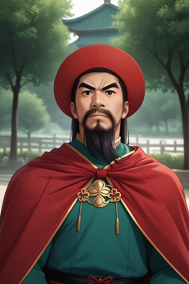 score_9, score_8_up, score_7_up,
zhangxianzhong, 1boy, male focus, solo, facial hair, long beard, black hair, black eyes, looking at viewer, mustache, thick eyebrows, closed mouth, hat, red cape, cloth outfit, chinese, badass, outdoors,ikeda_shouko_style<lora:EMS-438755-EMS:0.700000>, <lora:EMS-427964-EMS:0.800000>