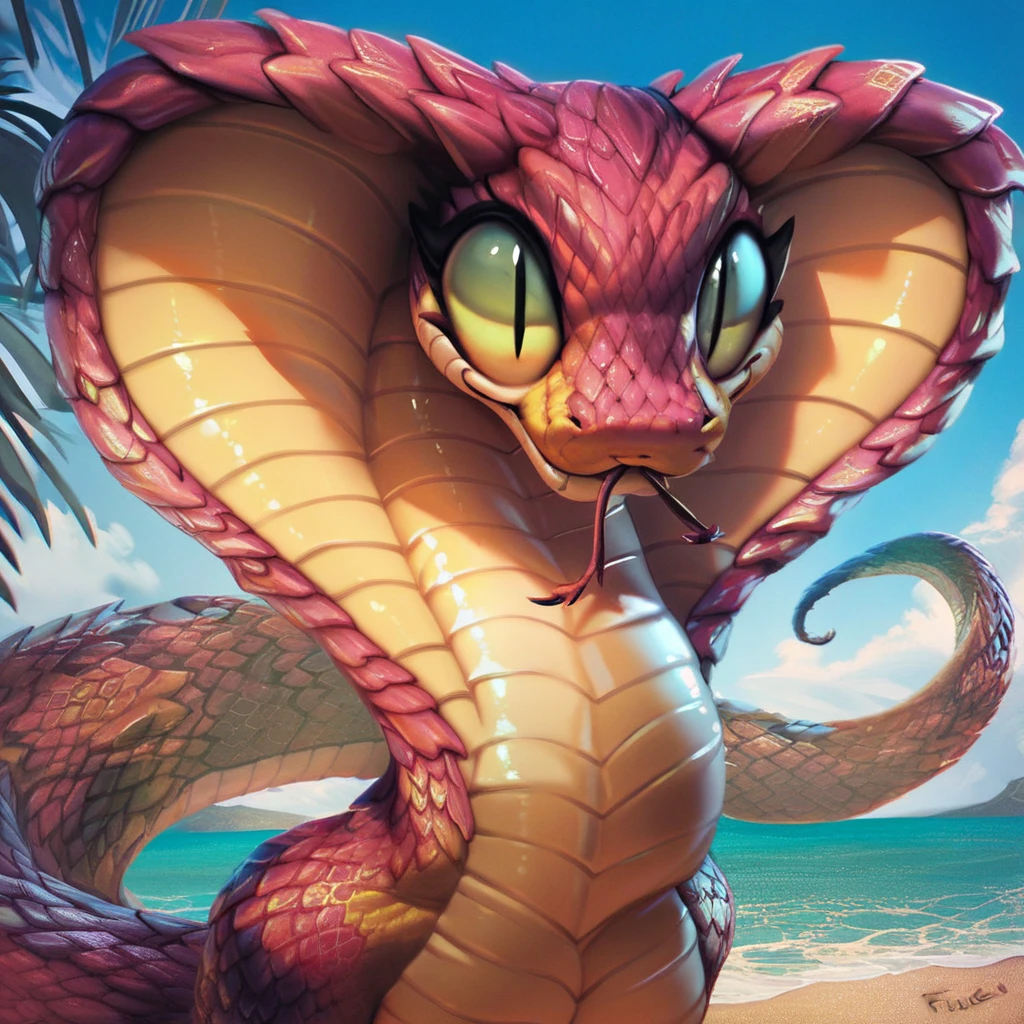 score_9, score_8_up, score_7_up, score_6_up, score_5_up, score_4_up, source_furry, solo, 1girl, Fivel, scale, scalie, snake, spiky scales, detailed, detailed background, snake girl, beach, ocean, big eyes, curvy