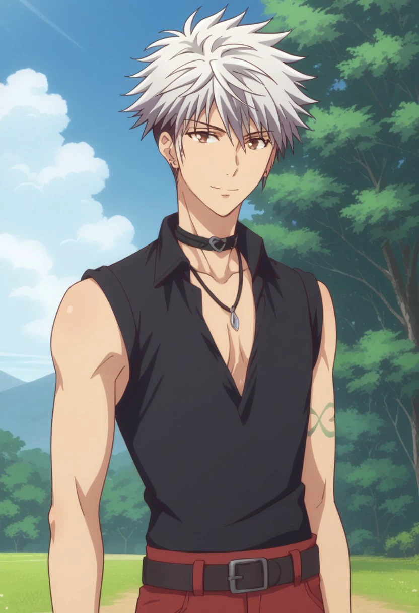 score_9, score_8_up, score_7_up, source_anime, highly detailed, slender,
harusohma, 1boy, male focus, solo, white hair, black hair, multicolored hair, tattoo, sleeveless, brown eyes, necklace, belt, upper body, jewelry,
red pants, black shirt, sleeveless, chocker, earrings, smile
outdooe, sky, tree,