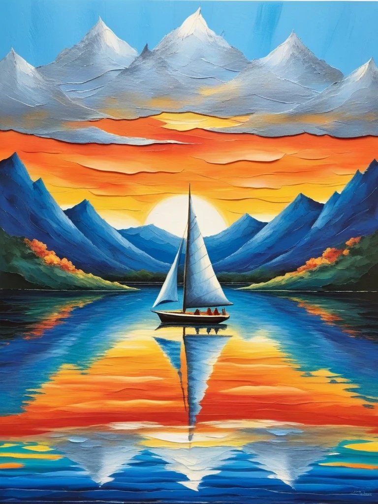 <lora:03realismPainting_Hap_XL:1>, ASCIIthe painting in the image is executed in a collage style, where different colored papers have been cut and layered to create the scene. this method results in a visually textured and vibrant representation of the sailboat on water at sunset. the use of various colors and paper textures adds depth and richness to the artwork, making it stand out as a unique piece.,the image portrays a serene scene of a sailboat gently sailing on a body of water. the sailboat, with its red and orange sails, is being navigated by a man dressed in a blue shirt. the backdrop of the image is a picturesque landscape of mountains painted in a collage like style, featuring an array of colors including blues, greens, and yellows. the water surface mirrors the vibrant sky above, reflecting hues of orange and yellow. this captivating scene evokes a sense of tranquility and adventure.,