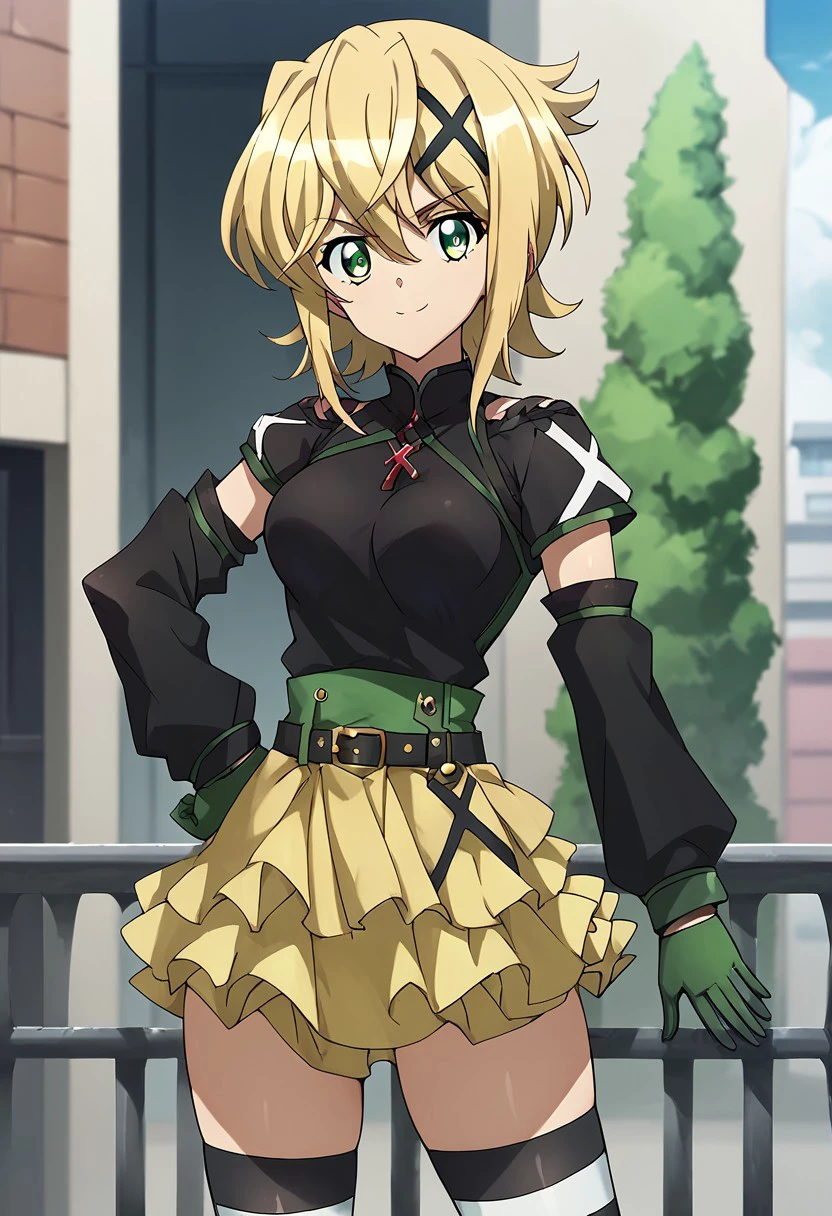 score_9, score_8_up, score_7_up, score_6_up, score_5_up, score_4_up, masterpiece, Medium breasts, large thighs, thin waist anime_lineart anime coloring, solo, Akatsuki_Kirika, blonde hair, 1girl, solo, green eyes, looking at viewer, x hair ornament, city, Striped thighhigh, black shirt, separate sleeves, gloves, skirt, V