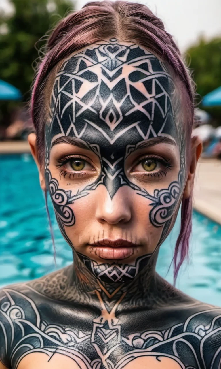 detailed a fully body and face tattooed woman facing the camera <lora:DarTataBodGPlus:1.0> at the public outdoor  pool