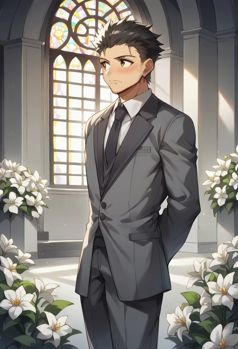 score_9, score_8_up, score_7_up, source_anime, rating_safe, white flowers, Ginunter, 1boy, male focus, looking away, blushing, closed mouth, hands behind back, grey formal suit, dark grey necktie, indoors church, wedding,