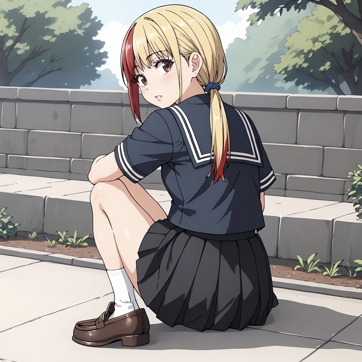 <lora:NBnSd_MachiHanakiXLpony001>,
parted lips,
solo,
MachiHanaki,1girl,two-tone hair,blonde hair,red hair,low ponytail,brown eyes,
serafuku,black blue shirt,short_sleeves,
pleated_skirt,black skirt,
outdoors,
white socks,loafers,
full body,sitting,looking back,