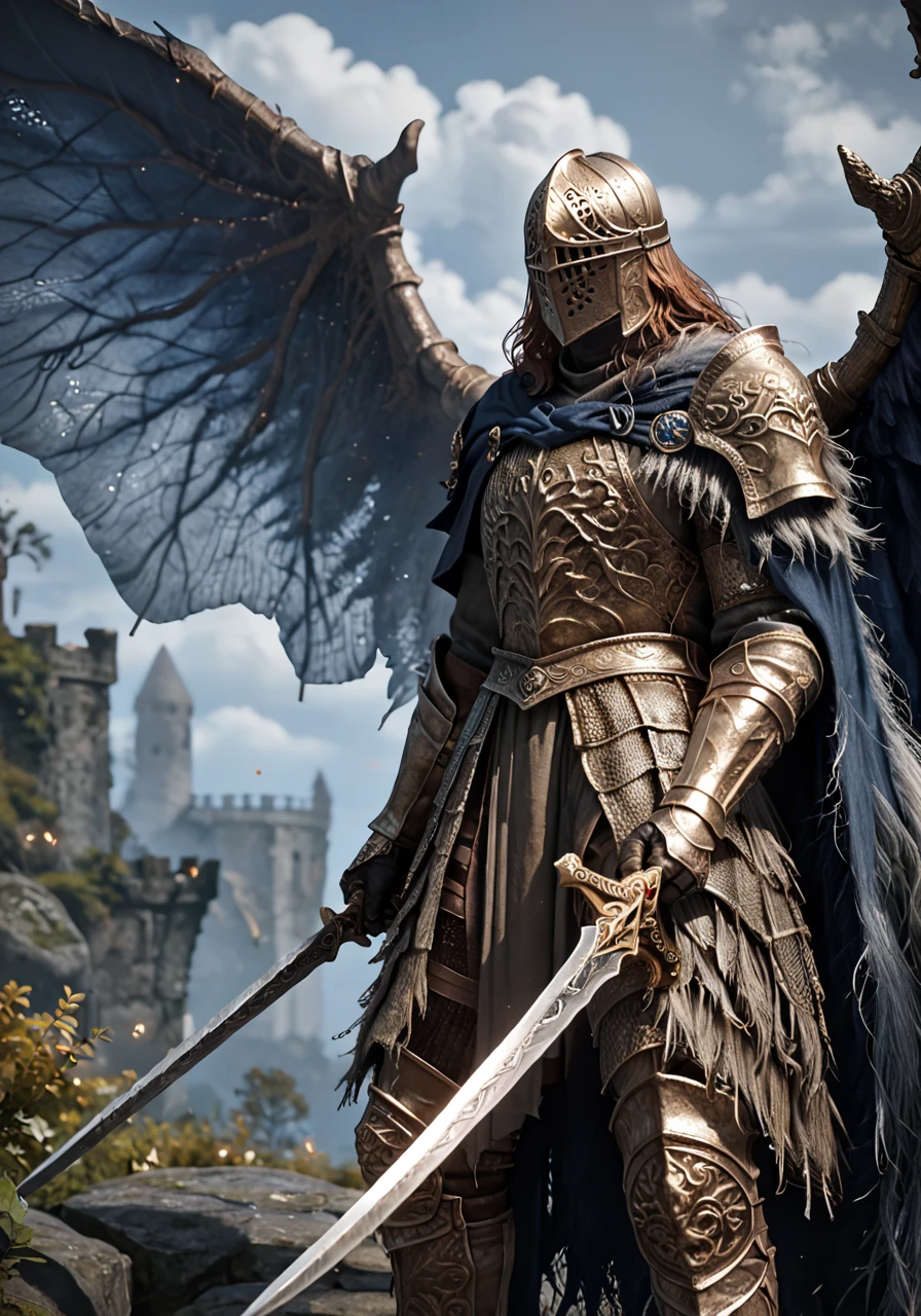 score_9, score_8_up, score_7_up, a knight with wings, best quality, masterpiece, otherworldly, eldringpxl, intricate, dark fantasy, <lora:eldringpxl:1>, gold armor, holding swords, elden ring,