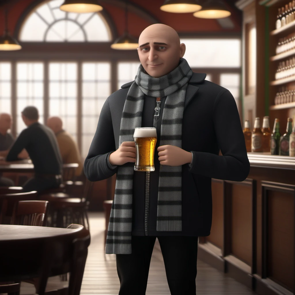 professional 3d model a full body portrait bald man, scarf, having a beer in a pub  <lora:Gru1024:0.8> . octane render, highly detailed, volumetric, dramatic lighting