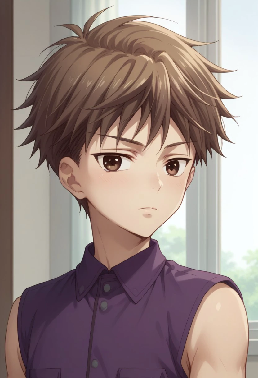 score_9, score_8_up, score_7_up, source_anime, highly detailed, 
hirosohma, 1boy, male focus, brown hair, solo, brown eyes, upper body, looking at viewer, purple shirt, sleeveless
indoor, windows