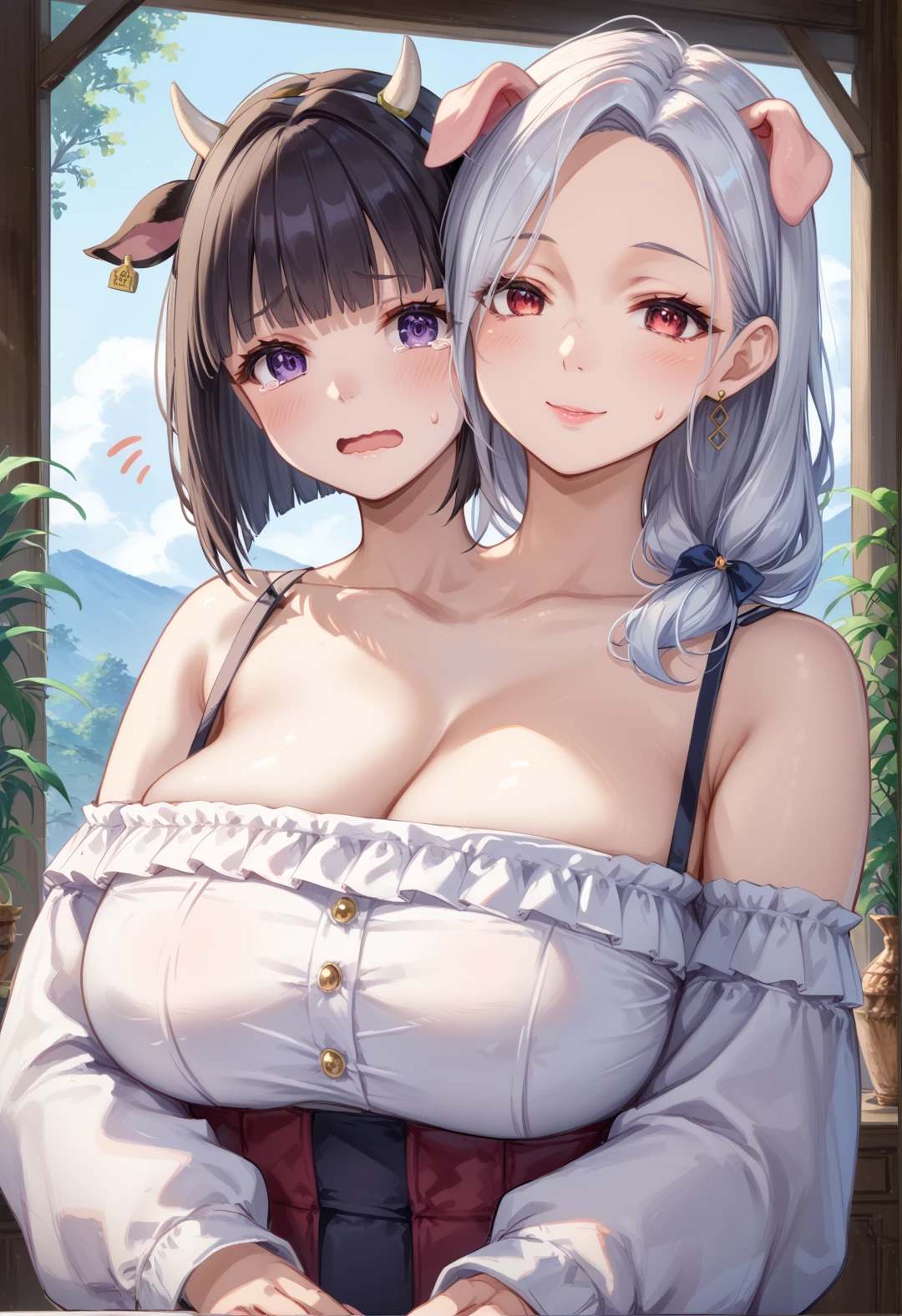 (score_9:0.9),score_8_up,score_7_up,rating_safe,anime style,(zPDXL),2girls,1boy,mature female,Accurate describe shapes,beautiful face,scenery,dramatic lighting,mature female,older,large breasts,milf,motherly,curvy,collarbone,sweatdrop,two tone skin,twoheads,
BREAK pale skin,black hair,cow girl,short hair,blunt bangs,blush,wavy mouth,tears,open mouth,@_@. purple eyes,embarrassed,cow ears,cow horns,
BREAK white hair,hair,pig ears,pig girl,long hair,light smile,(dark-skinned female),red eyes,<lora:Multihead ponyXL v1.1:0.4>,<lora:MatureFemalePony:0.7>,