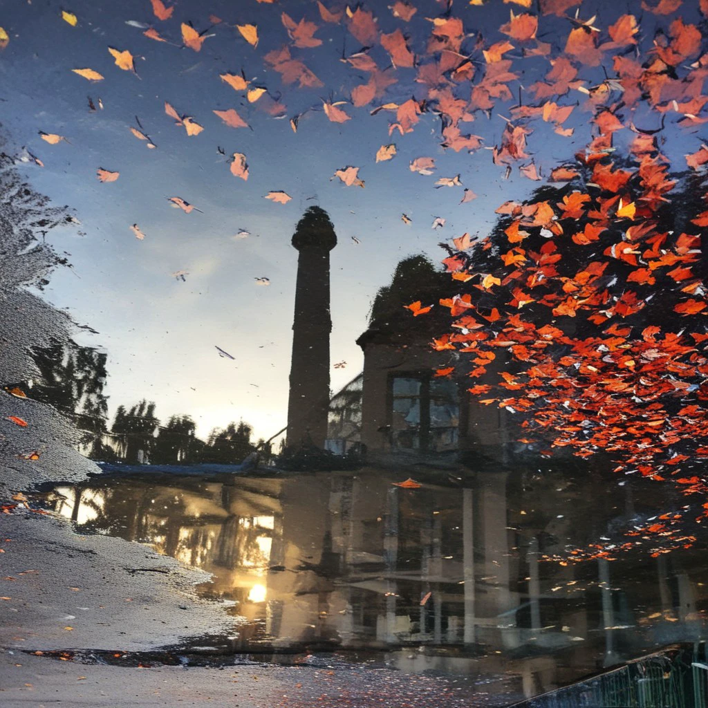 factory, sunset, autumn leaves