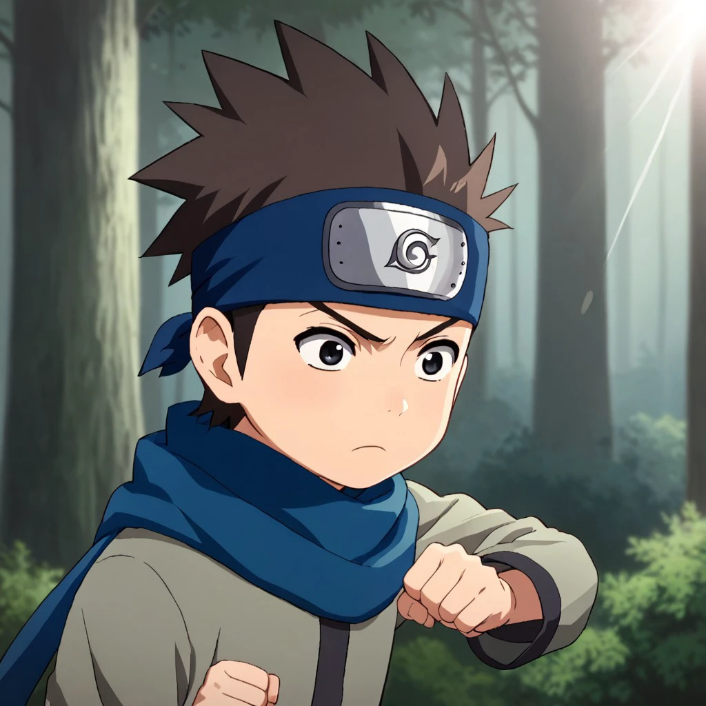 score_9, score_8_up, score_7_up, BREAK, male child, 1boy, brown hair, spiked hair, black eyes, scarf, forehead protector, konohagakure symbol, forest, combat stance, cute, sunlight, shadows, natural lighting