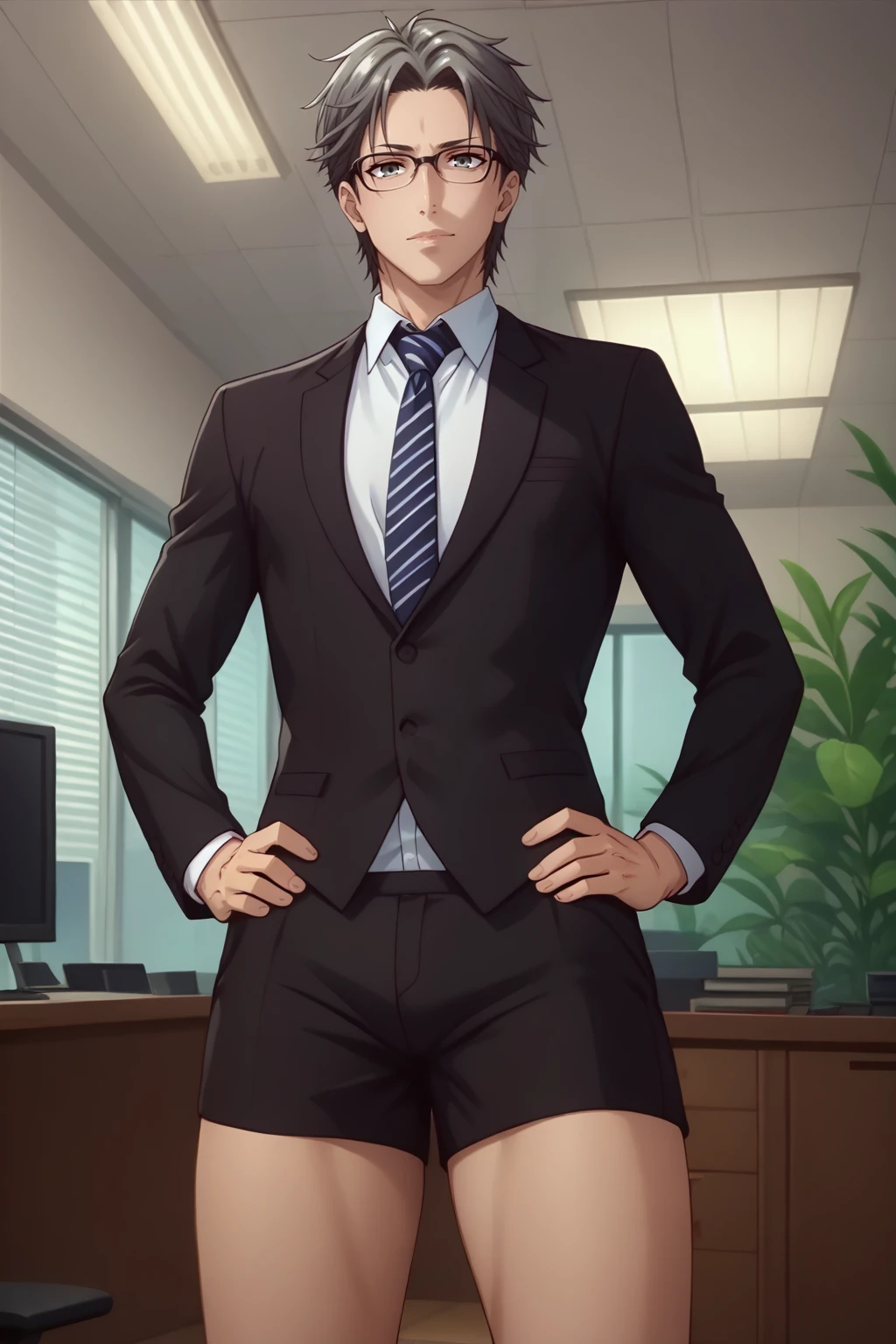 score_9, score_8_up BREAK <lora:NSShigureBasket:1> NSShigureBase, male focus, grey hair, grey eyes, formal, glasses, office, thick thighs, looking at the viewer, black shorts, hands on hips