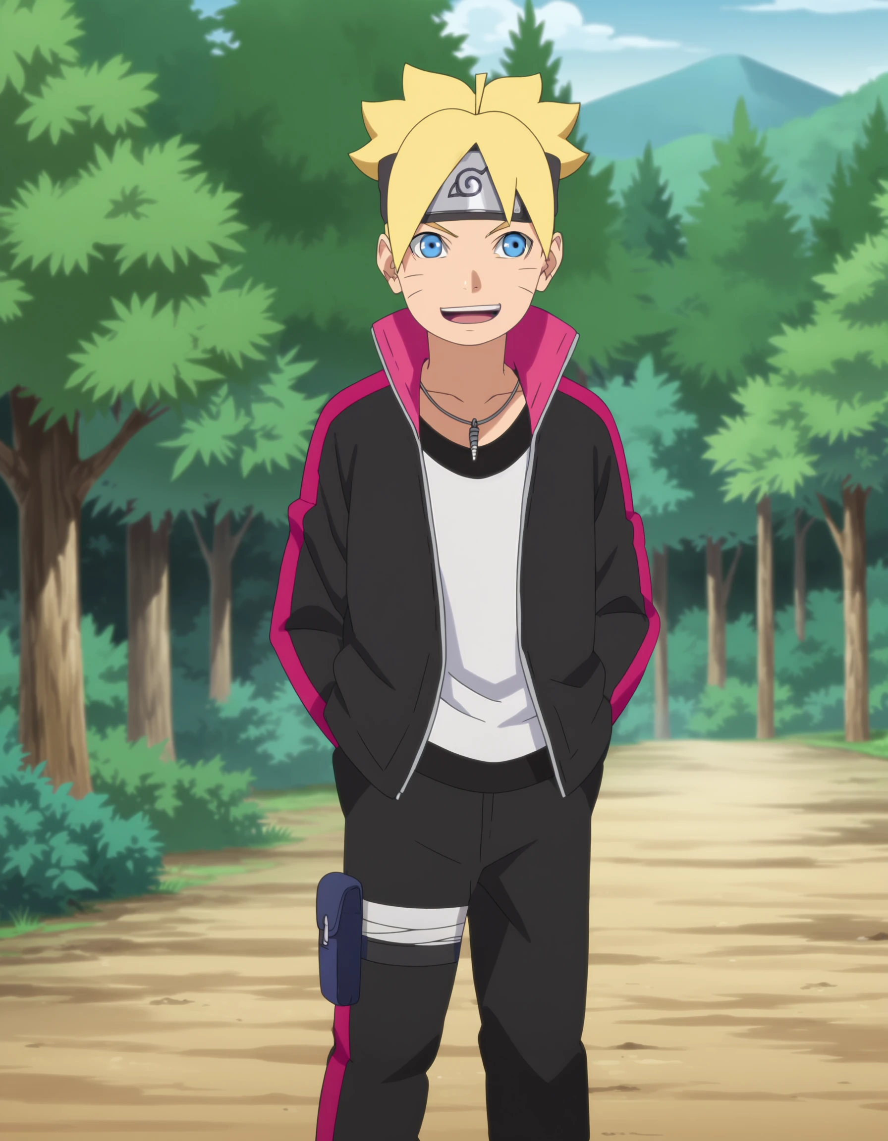 score_9, score_8_up, score_7_up, source_anime,anime screencap,anime coloring,
uncensored,
boruto, 1boy, blonde hair,facial mark,uzumaki boruto,whisker markings, male focus,blue eyes,
jacket,forehead protector,konohagakure symbol,headband,necklace,jewelry,jacket, shirt, black pants, bandages, 
looking at viewer,smile, open mouth, smile,
standing, solo focus,
perfect anatomy,
scenery,outdoors,forest,
<lora:Boruto_Uzumaki_r1:1>