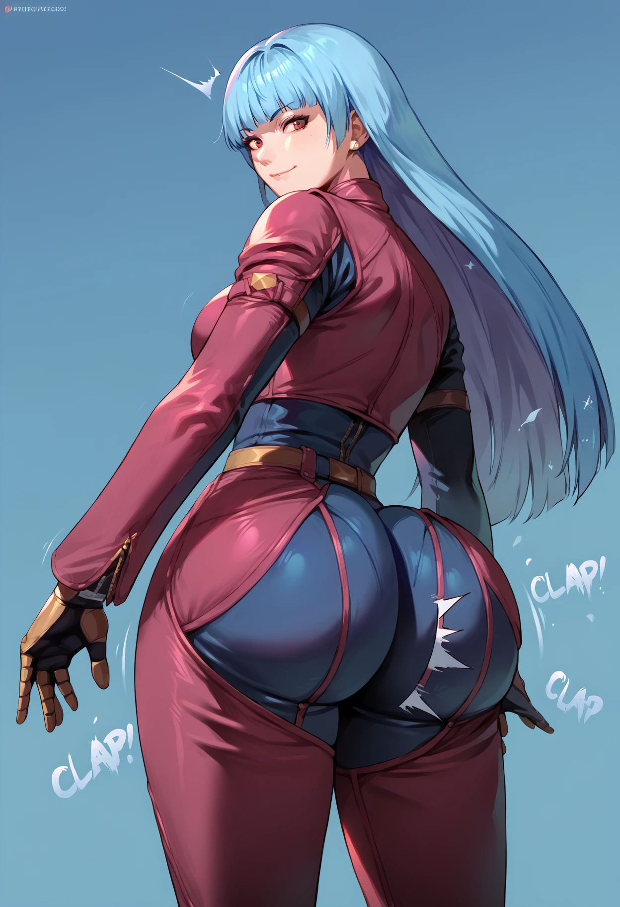 score_9, score_8_up, score_7_up,  <lora:k0l4:1> k0l4, 1girl, kula diamond,   bodysuit,outfit_1,chaps, <lora:ass_clapping:1> ass clapping,1girl,solo,squating,big ass,looking at viewer, sly smile,