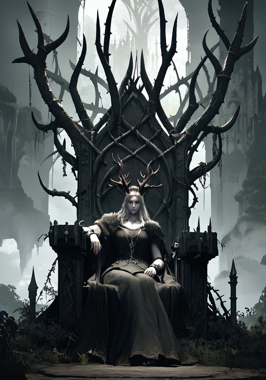 score_9, score_8_up, score_7_up, a woman sitting in a dark castle, best quality, masterpiece, otherworldly, <lora:eldringpxl:1>, eldringpxl, full body, landscape, antlers, queen, pale skin, throne of thorns,