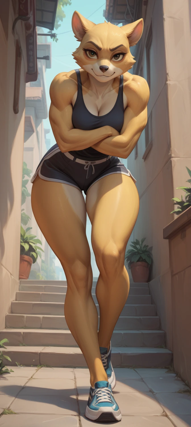 score_9, score_8_up, score_7_up, 1girl, solo, anthropomorphic, Retsuko from Aggretsuko, Standing with one foot resting on a step, leaning slightly forward, and arms crossed under her chest, with a confident look. <lora:ArtgermLycoXL:0.2>, <lora:cutesexyronutts_style_xl:0.3>, <lora:reiq_style:0.3>, <lora:boni:0.3>