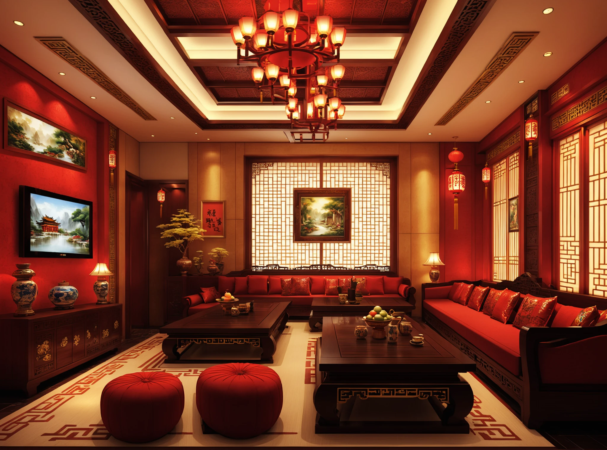 ktv,<lora:ktv_XL:0.6>,scenery,indoors,table,couch,lamp,candlestand,cup,food,(led screen:1.2),
A classical Chinese architectural and decorative style,incorporating traditional elements such as screens,calligraphy and paintings,porcelain,couplets,palace lanterns,and exquisite embroidered fabrics.,
An atmosphere of classical elegance,full of the charm of traditional Chinese culture,allowing one to feel the profound heritage of Eastern culture.,
A traditional Chinese style that integrates the essence of ancient court and folk art.,
The background showcases classical Chinese architecture,garden landscapes,interior furnishings,as well as natural landscapes or city streets with a Chinese style.,
The lighting uses traditional red lanterns and palace lanterns to create an antique atmosphere,while also using modern lighting technology to maintain a bright and comfortable space.,