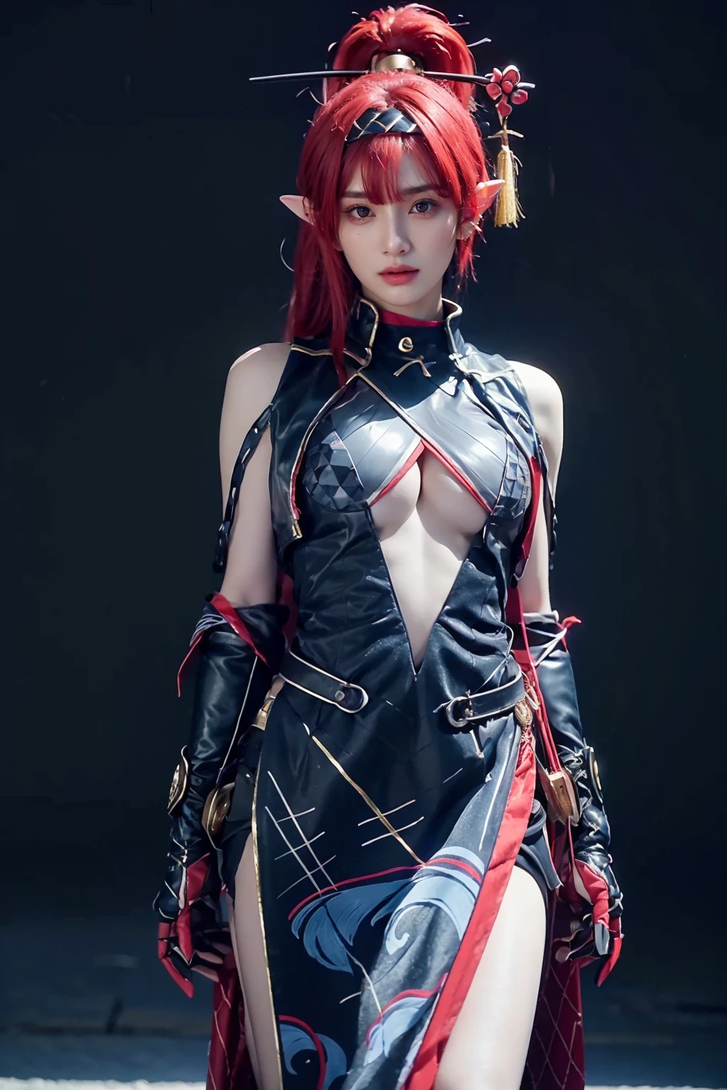 realistic,photorealistic,best quality,masterpiece,highres,8k,RAW photo,ultra-detailed,cowboy shot,1girl,solo,expressionless,looking at viewer,standing,yinlin cosplay costume,yinlin,cosplay,red hair,long hair,ponytail,pointy ears,china dress,dress,center opening,cleavage cutout,see-through,breasts,large breasts,hair ornament,hair stick,hairband,gloves,elbow gloves,gauntlets,chain,simple dark background,<lora:WutheringWaves_Yinlin_cosplay_costume_v1:0.7>,