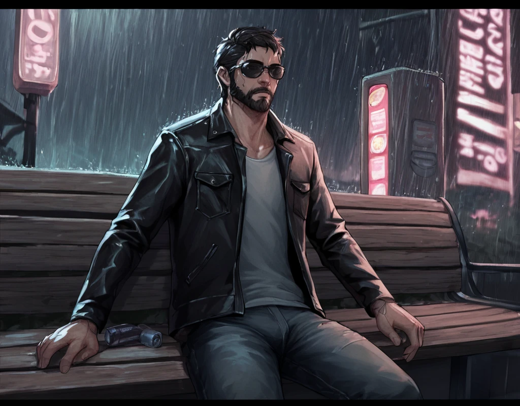 line art, water color painting, traditional media, score_9, score_8_up, score_7_up, score_6_up, Joel-Miller, TLOU,  open clothes, beard, black hair, pants, open jacket, black jacket, lips, night, sunglasses, denim, rain, can, bench, leather, cyborg, prosthesis, leather jacket, cyberpunk, vending machine, neon lights, sensitive <lora:TLOU_Joel_Miller:1>