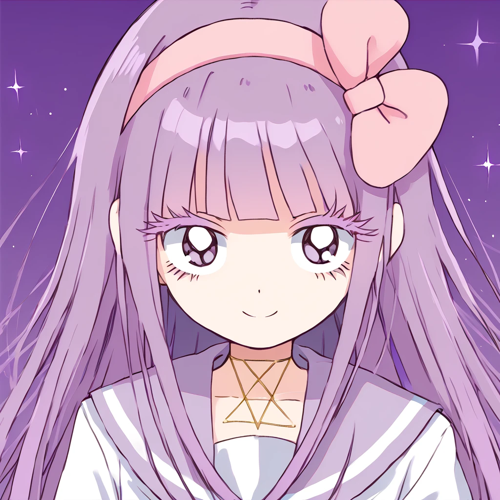 <lora:Menherachan:1>  long hair, purple theme, pink hairband, purple hair, smiling, serafuku, purple sailor collar, pink bow, long eyelashes