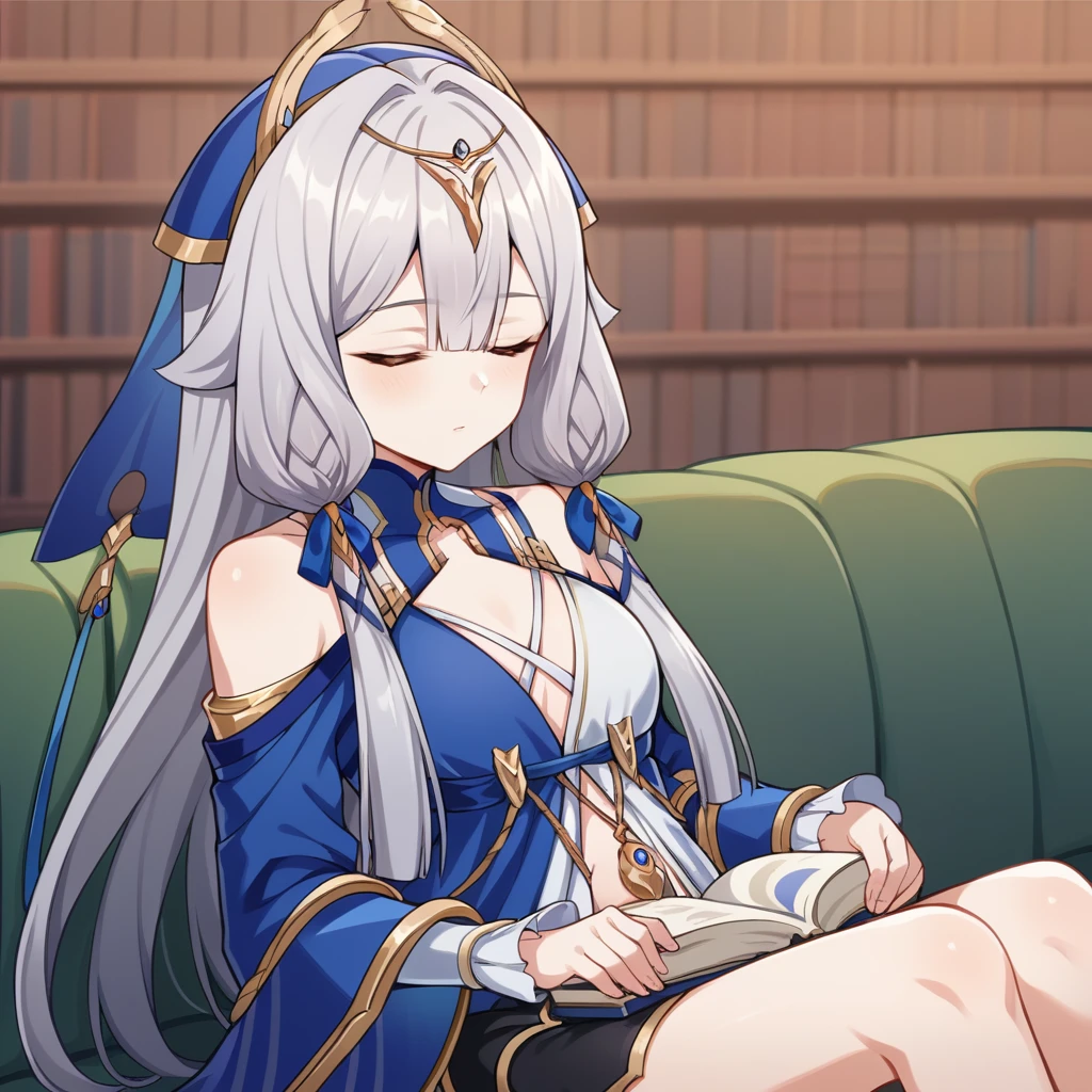 score_9_up, score_8_up, score_7_up, source_anime, masterpiece, best quality, 1girl, solo, Sera, sitting on couch, reclining, sleeping, tilted head, closed eyes, open book on lap, long hair, hair intakes, grey hair, blue dress, white dress, two tone dress, low twintails, white long sleeves, frilled sleeves, tassel, tiara, blue veil, black shorts, gold trim, wide sleeves, bare shoulders, navel cutout, jewelry, dynamic cowboy shot, indoors, library background