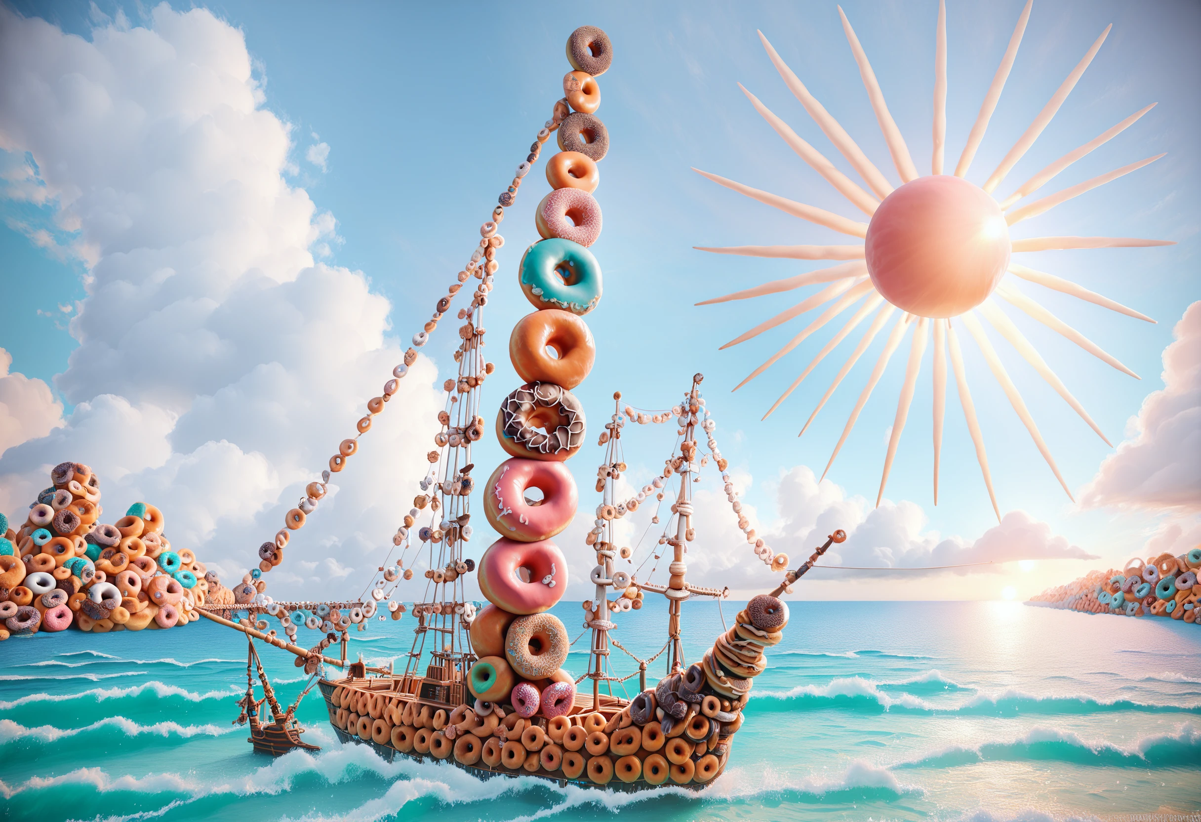 score_9, score_8_up, score_7_up, BREAK
d0nu71f13d, a ship made of doughnuts
background: ocean. sun, sky
 <lora:Donutified_World_Morph:1.2>