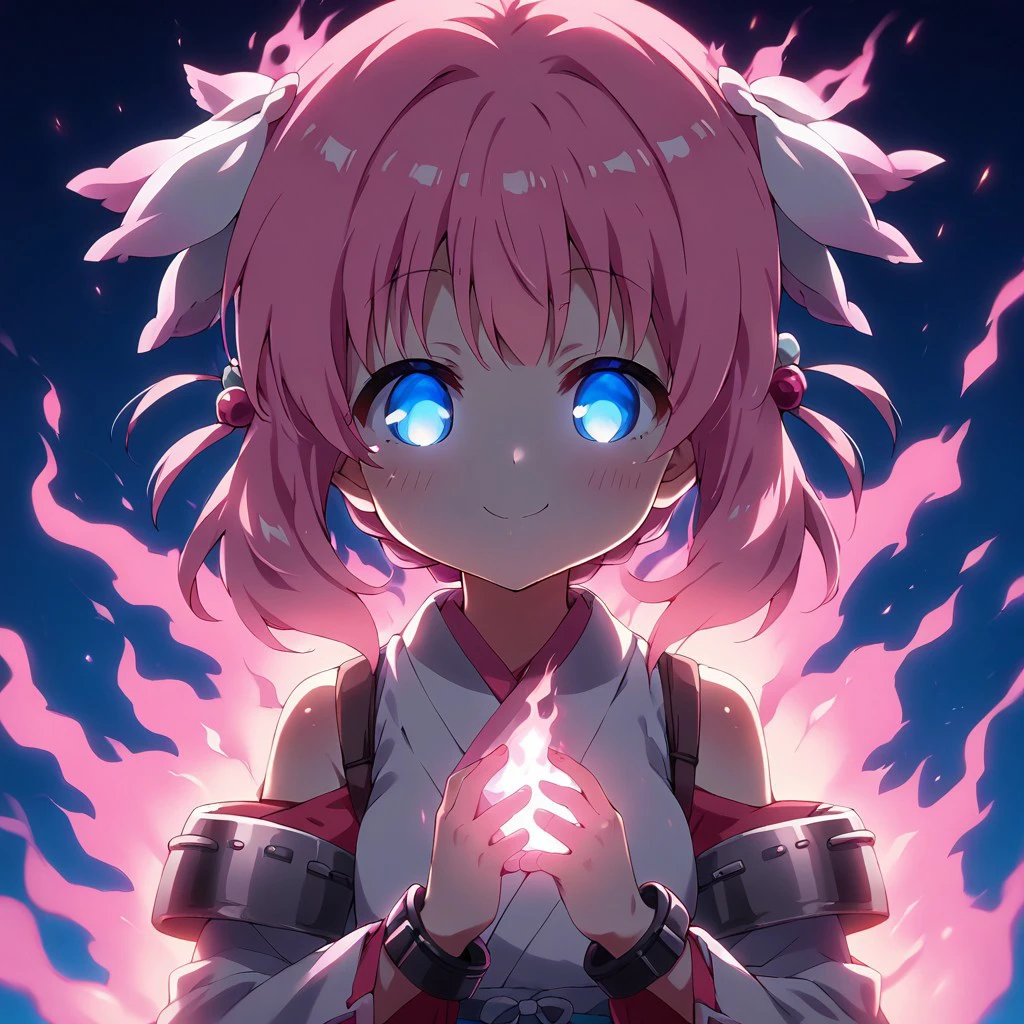 score_9, score_8_up, score_7_up, BREAK source_anime, anime, 1girl, solo, looking at viewer, glowing, cinematic light, pdhaizakura, baseoutfit, blush, short hair, glowing eyes, pink theme, blank eyes, bangs, blue eyes, blue background, aura, scarlet eyes, hair ornament, long sleeves, twintails, pink hair, detached sleeves, japanese clothes, wide sleeves, kimono, no pupils, burning, fire, cuffs, <lora:PonyXL Prima Haizakura:1> anime coloring, (upper body), smile, , <lora:Abyssal_Ascendants:1>,