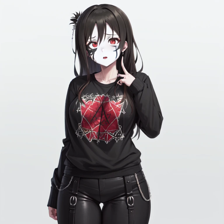 (masterpiece, best quality, highres:1.4), highly detailed, detailed shading, vibrant colors, idolmaster, love live!, 1girl, solo, black hair, red eyes, black shirt, spiked jacket, black pants, inverted cross, inverted cross earrings, pentagram hair ornament, large breasts, wide hips, thick thighs, corpse paint, black and white makeup, facepaint, makeup, black metal, <lora:corpse_paint_black_metal_makeup:0.6> <lora:punk_v0.2:1>