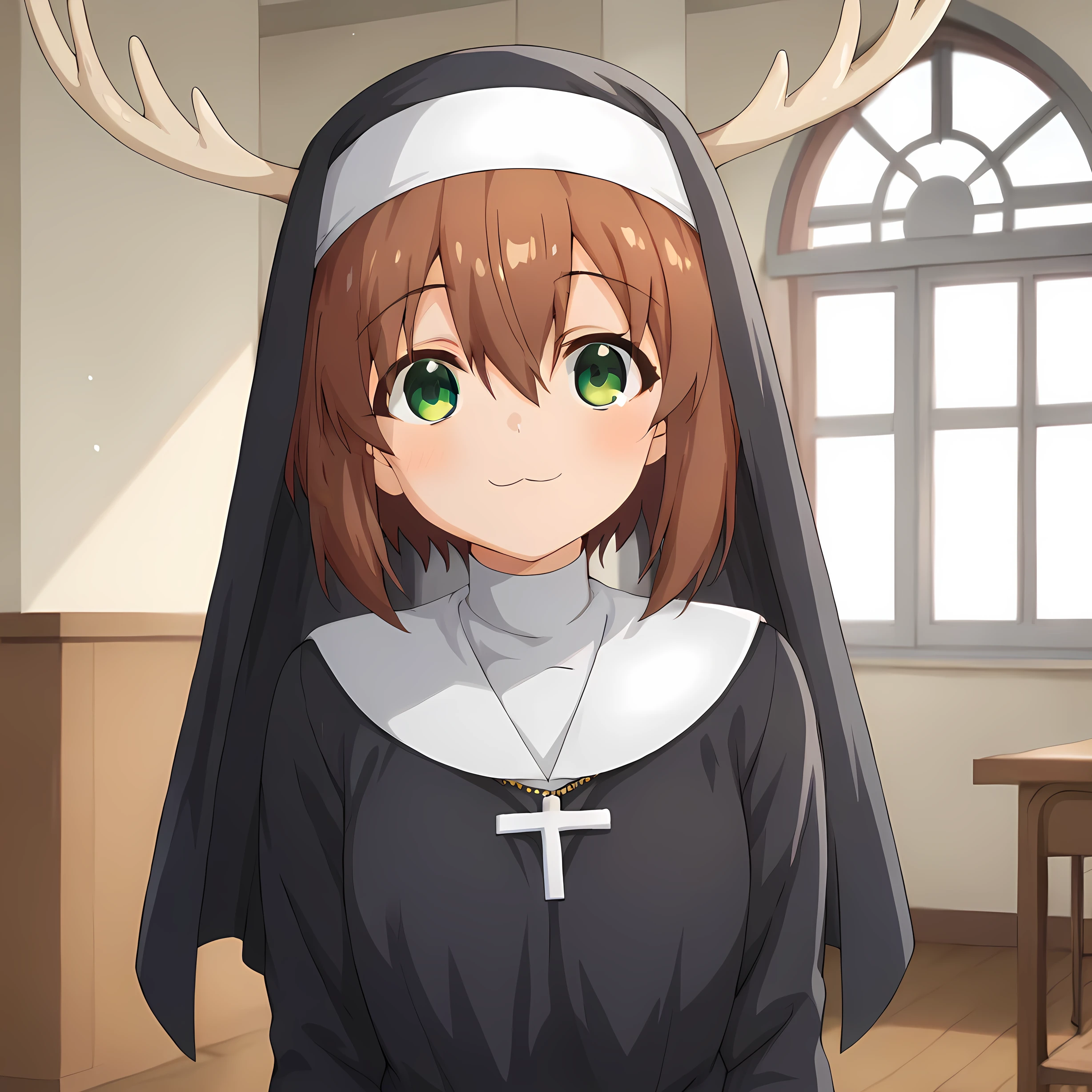 score_6_up,score_4_up,score_5_up,Nokotan, 1girl, solo, looking at viewer, smile,green eyes, short hair,deer antlers, bangs, brown hair, hair between eyes, black dress,nun dress,stockings ,thick thighs,indoors,owo,:3,horns <lora:Nokotan:0.8>