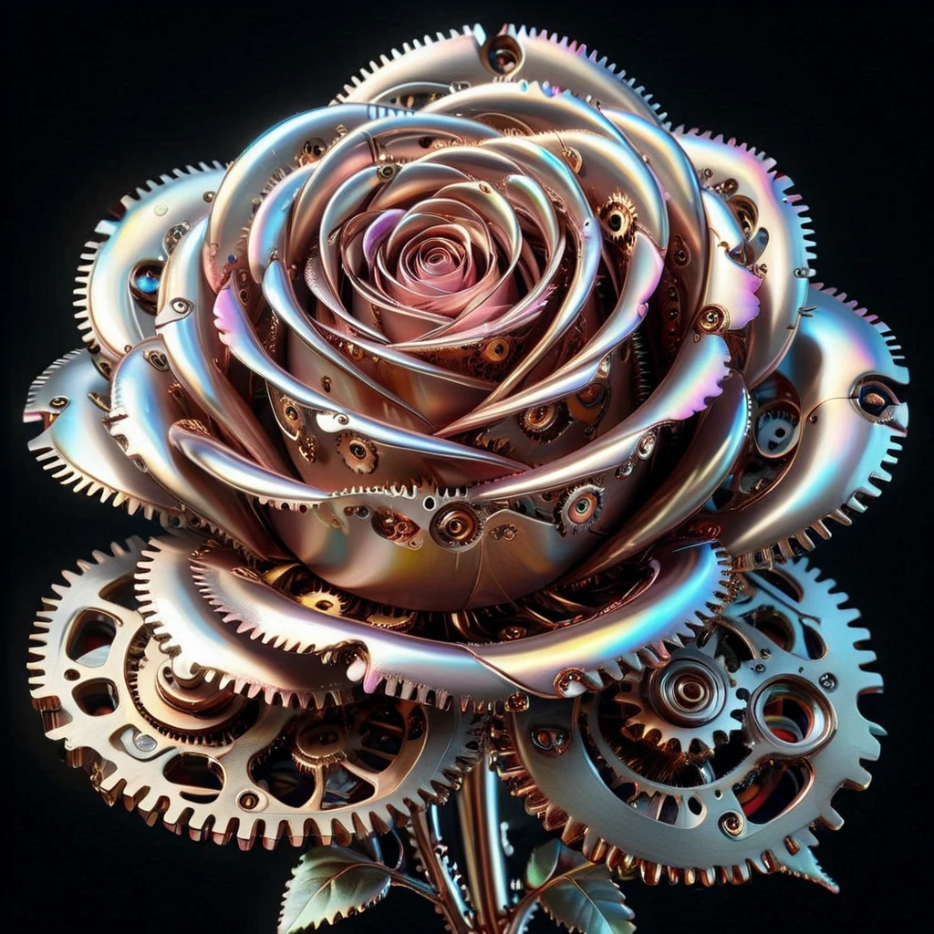 g3ars, digitally enhanced rose made out of gears, iridescent sheen, petals, varying sizes, ornamental, industrial, artistic, floral beauty, natural and industrial fusion, opulence, high resolution, digital art, visual aesthetics, contemporary design, vibrant colors, reflective surfaces, artistic composition, high contrast, elegant, intricate detailing, modern, futuristic <lora:Gears_World_Morph:1>