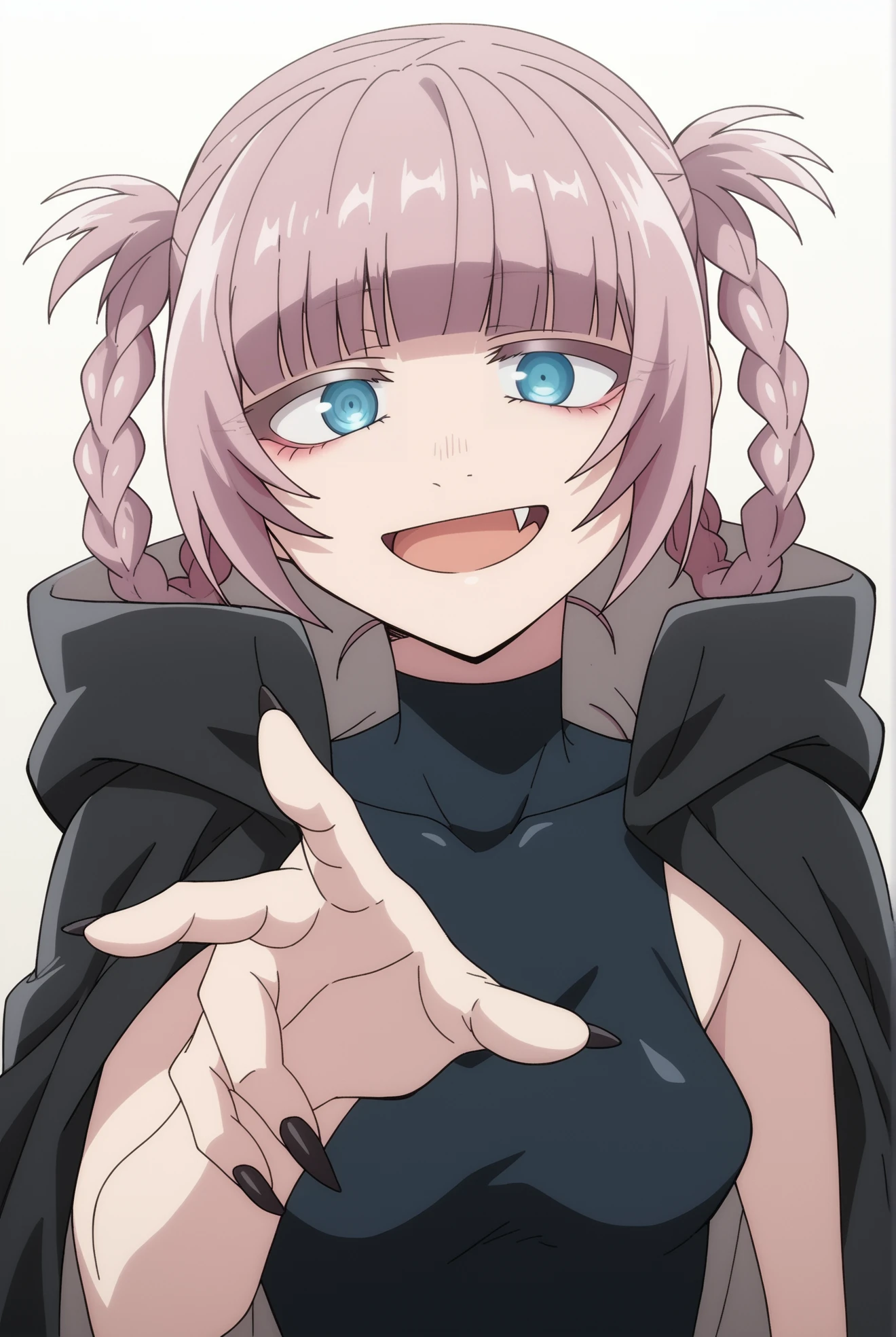 <lora:Nazuna_Nanakusa:0.8>, white background, Nazuna Nanakusa, 1girl, solo, looking at viewer, smile, open mouth, fang, fingernails, turtleneck, black nails, sharp fingernails, sleeveless turtleneck, black cloak, braided hair rings,