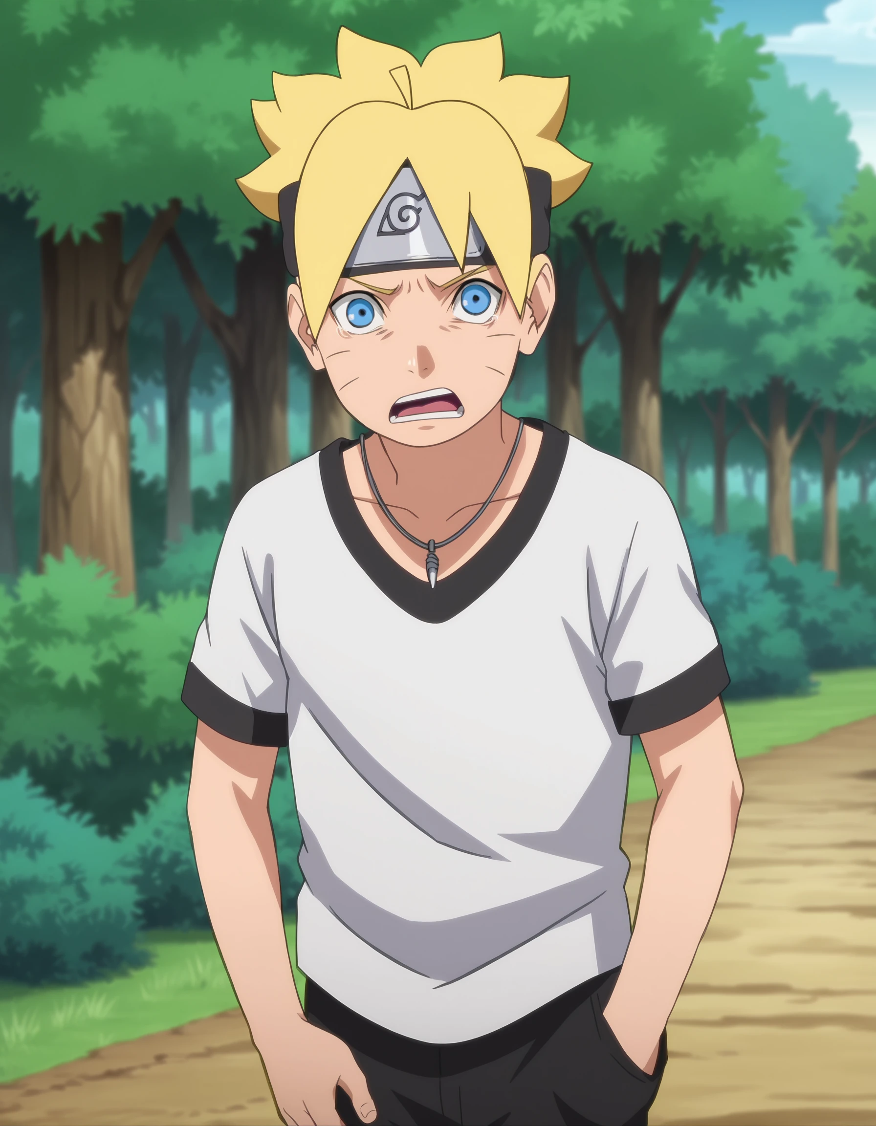 score_9, score_8_up, score_7_up, source_anime,anime screencap,anime coloring,
uncensored,
boruto, 1boy, blonde hair,facial mark,uzumaki boruto,whisker markings, male focus,blue eyes,
headband,necklace,jewelry, shirt, black pants, bandages, 
scared, parody,
looking at viewer,open mouth, 
standing, solo focus,
perfect anatomy,
scenery,outdoors,forest,
<lora:Boruto_Uzumaki_r1:1>