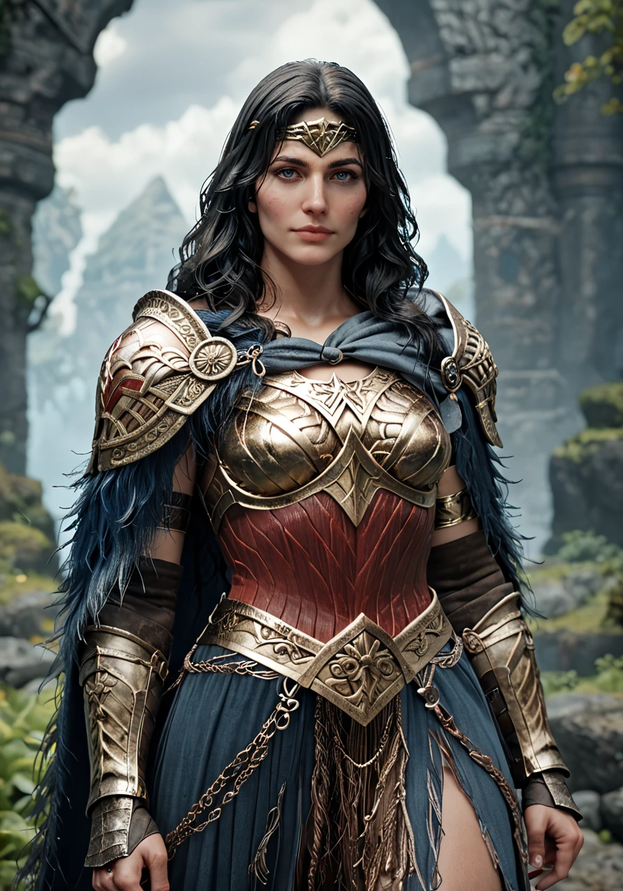 score_9, score_8_up, score_7_up, wonder woman standing in a fantasy setting, best quality, masterpiece, otherworldly, eldringpxl, intricate, dark fantasy, <lora:eldringpxl:0.8>, elden ring, tiara, armor, looking at viewer,