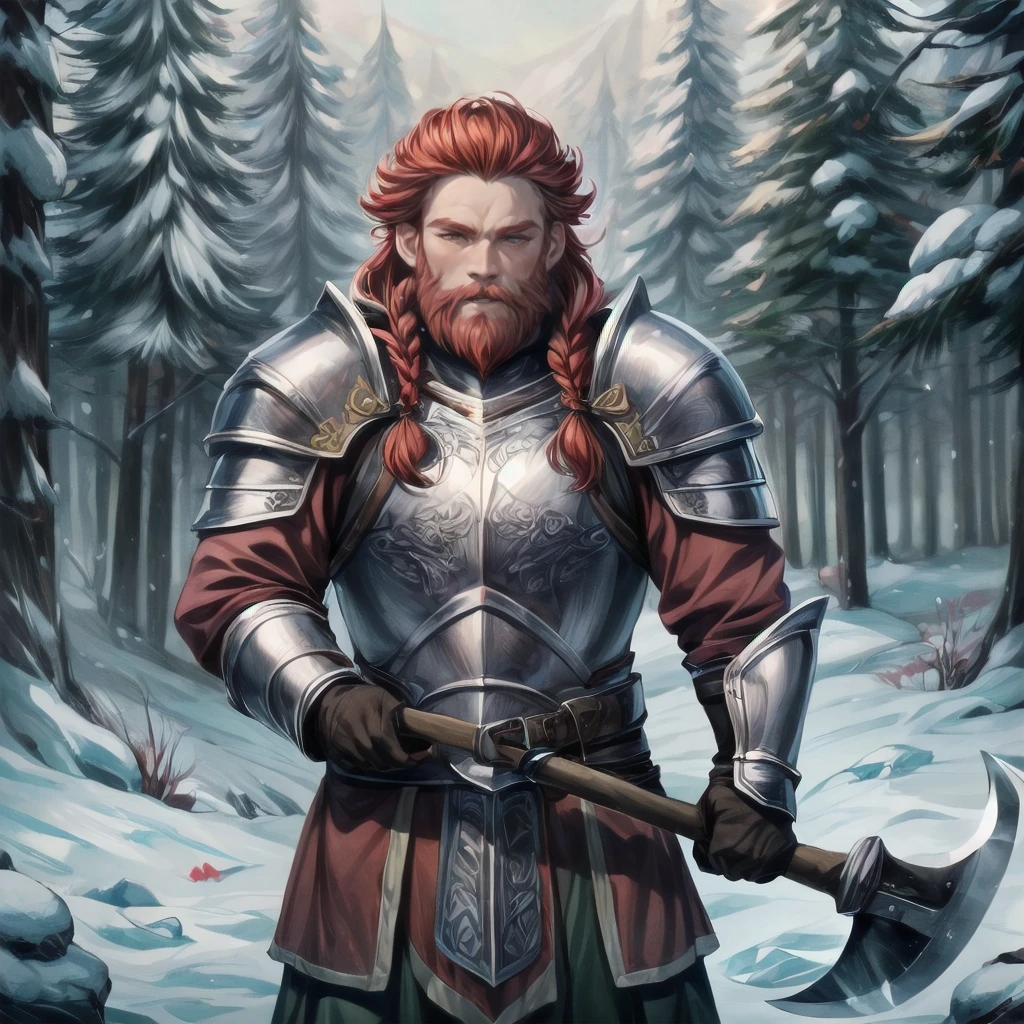 1boy, dwarf, red hair, braids, red beard, axe, armor, winter, snow ice, <lora:Dwarves! SD 1.5:0.8>, dwarvenstyle, very detailed, <lora:more_details:0.6>, high quality, highres, masterpiece, best quality, 8k, intricate, detailed, <lora:add_detail:0.6>