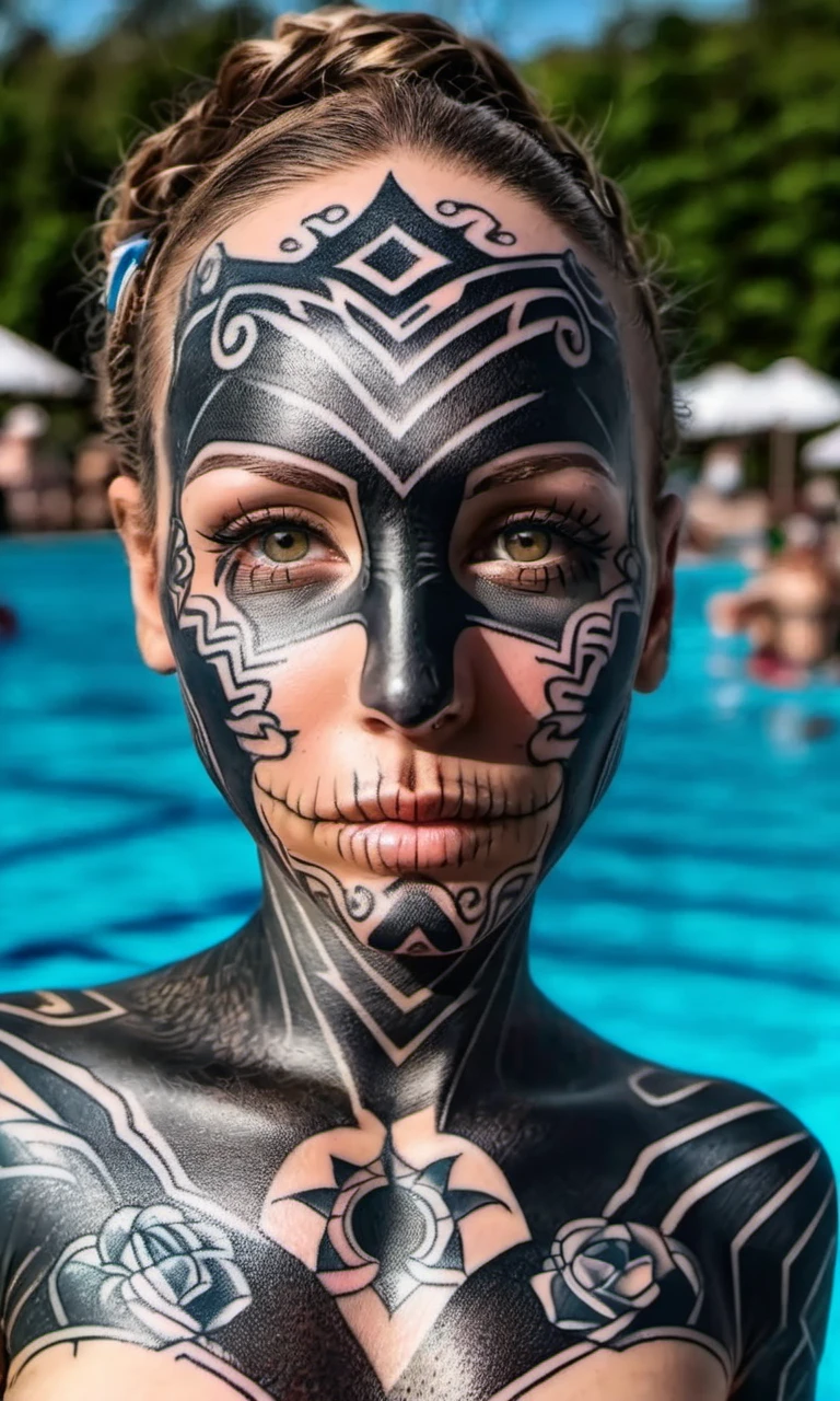 detailed a fully body and face tattooed woman facing the camera <lora:DarTataBodGPlus:1.0> at the public outdoor  pool swimming on the warer