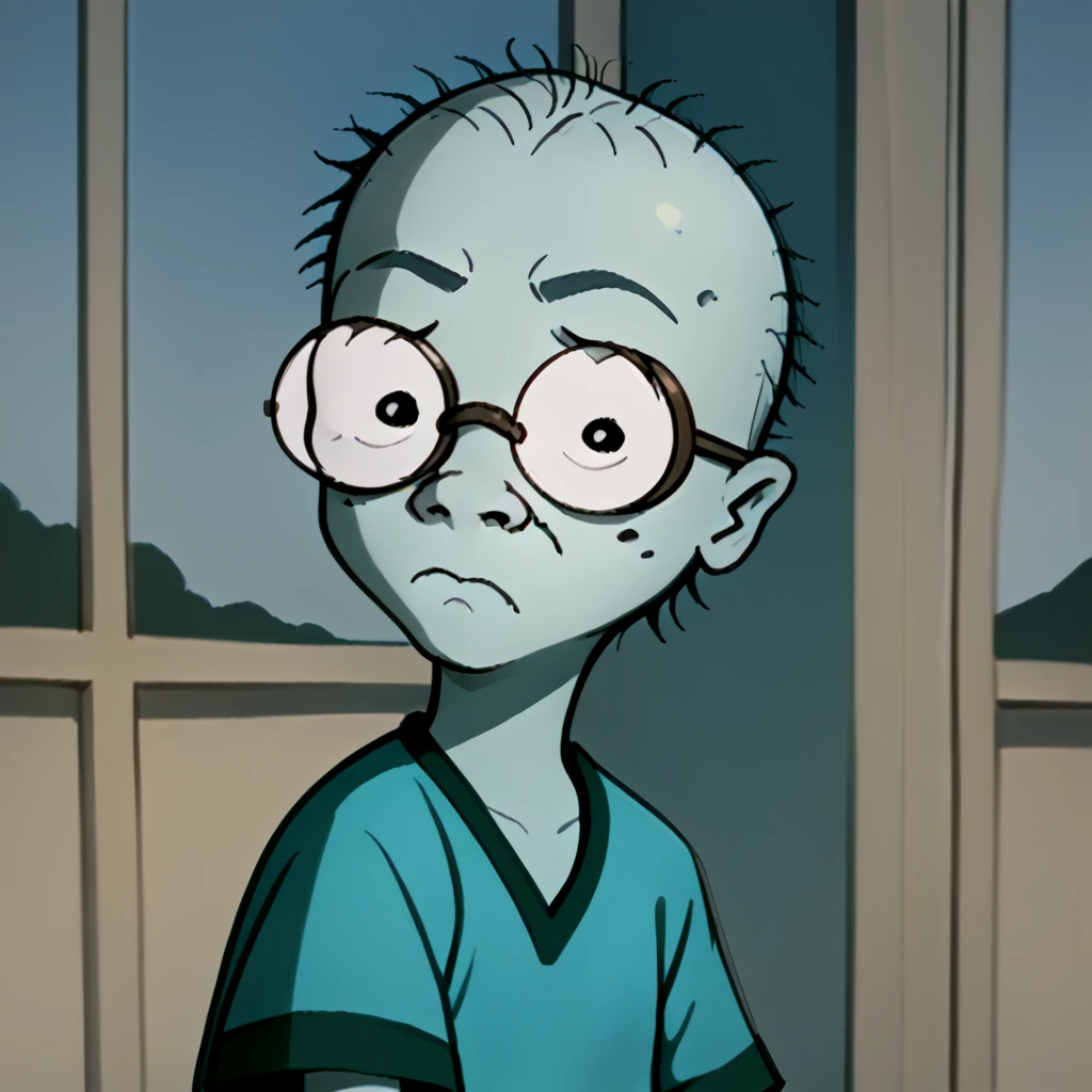 <lora:Howard_Adderley_-_King_of_the_Hill:0.85> 1boy, solo, thinning hair, frail, meek, pale, glasses, round eyewear, frown, v-neck shirt, blue shirt,  portrait, close up,, source_cartoon, score_9, score_8_up, score_7_up,