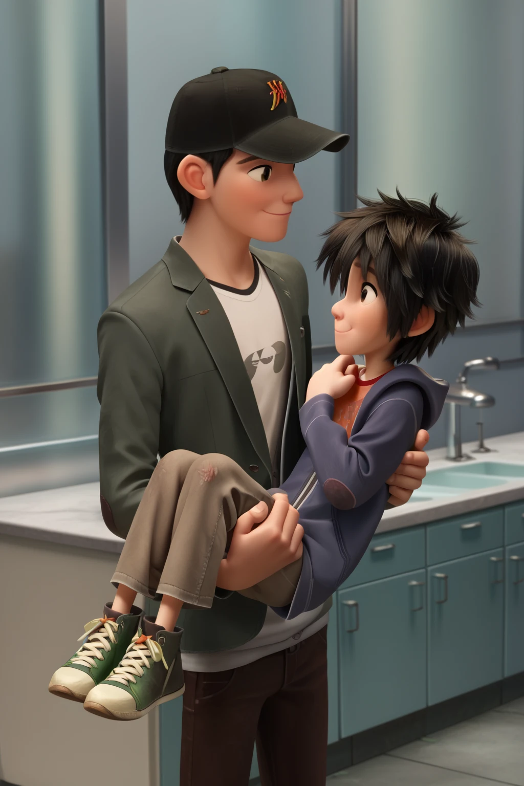 score_9, score_8_up, score_7_up, score_6_up, masterpiece, best quality, amazing quality, best aesthetic, absurdres, intricate details, detailed face,
source_anime, hiro hamada, black hair, black eyes, tadashi hamada, black hair, black eyes, 2boys, height difference, multiple boys, male focus, hat, pants, shoes, green footwear, short hair, hood, shirt, jacket, sneakers, baseball cap, indoors,princess carry, happy, smile, closed mouth, eye contact, looking at another, upperbody, brothers<lora:EMS-438625-EMS:1.000000>, <lora:EMS-413232-EMS:1.000000>