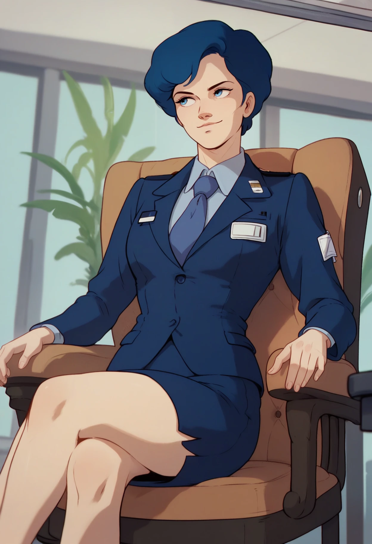 score_9, score_8_up, score_7_up, score_6_up, <lora:HildaBidan:0.9>, HildaBidan, solo focus, blue eyes, blue hair,
suit, military uniform, blue necktie, blue jacket, short hair, blue skirt, pencil skirt, name tag,
light smile, on chair, crossed legs, looking away,