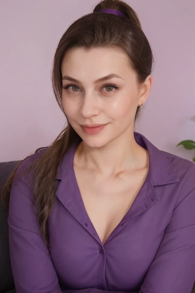 Portrait photo of k3t1b4dg1r1 woman, purple shirt, in a bedroom, slight smile, makeup, ponytail, detailed face