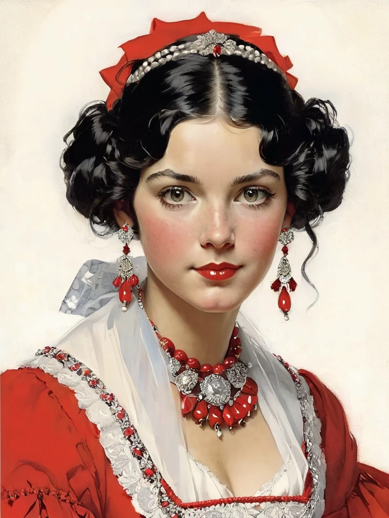 <lora:04Vintageillustration_Hap_XL:1>,Norman Rockwell style More about Elegant Portrait: Woman in Red and White An illustrated portrait of a woman with striking eyes and black hair, wearing a red and white historical dress, adorned with elegant jewelry.