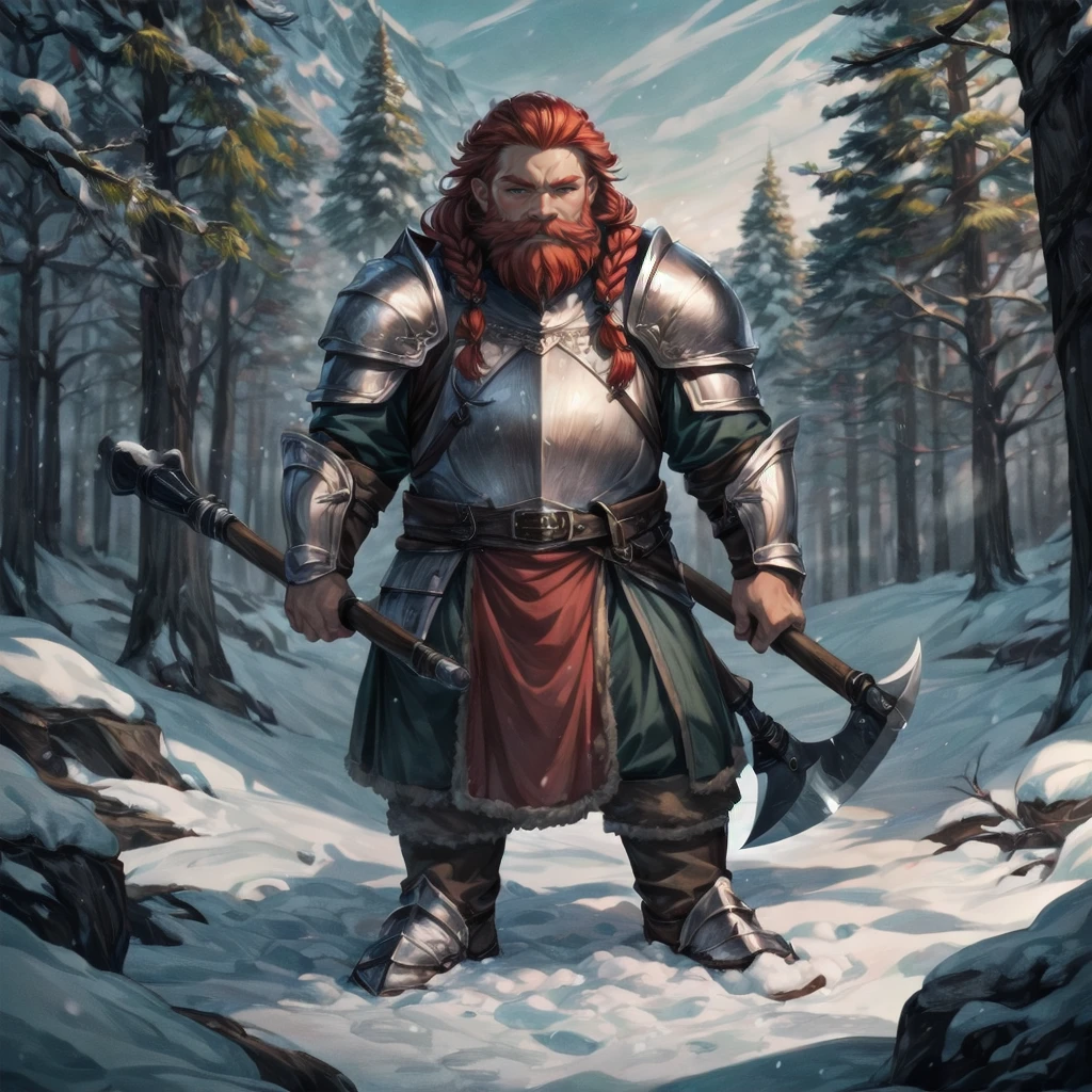 1boy, dwarf, red hair, braids, red beard, axe, armor, winter, snow ice, <lora:Dwarves! SD 1.5:0.8>, dwarvenstyle, very detailed, <lora:more_details:0.6>, high quality, highres, masterpiece, best quality, 8k, intricate, detailed, <lora:add_detail:0.6>