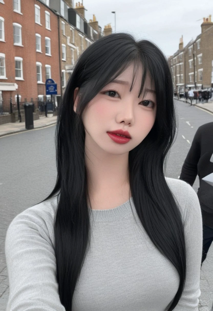 s_uaang \(Person\), @s_uaang, 1girl, black hair, black eyes, waist up, portrait shot, parted lips, ribbed sweater, background: london streets, outdoors, daytime, cobblestone road, wet roads