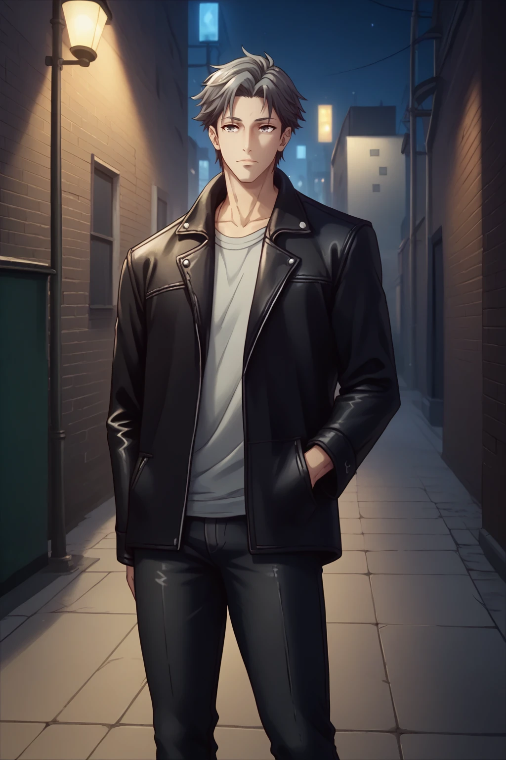 score_9, score_8_up BREAK <lora:NSShigureBasket:1> NSShigureBase, male focus, solo, grey hair, grey eyes, leather jacket, leather pants, night, city, alleyway