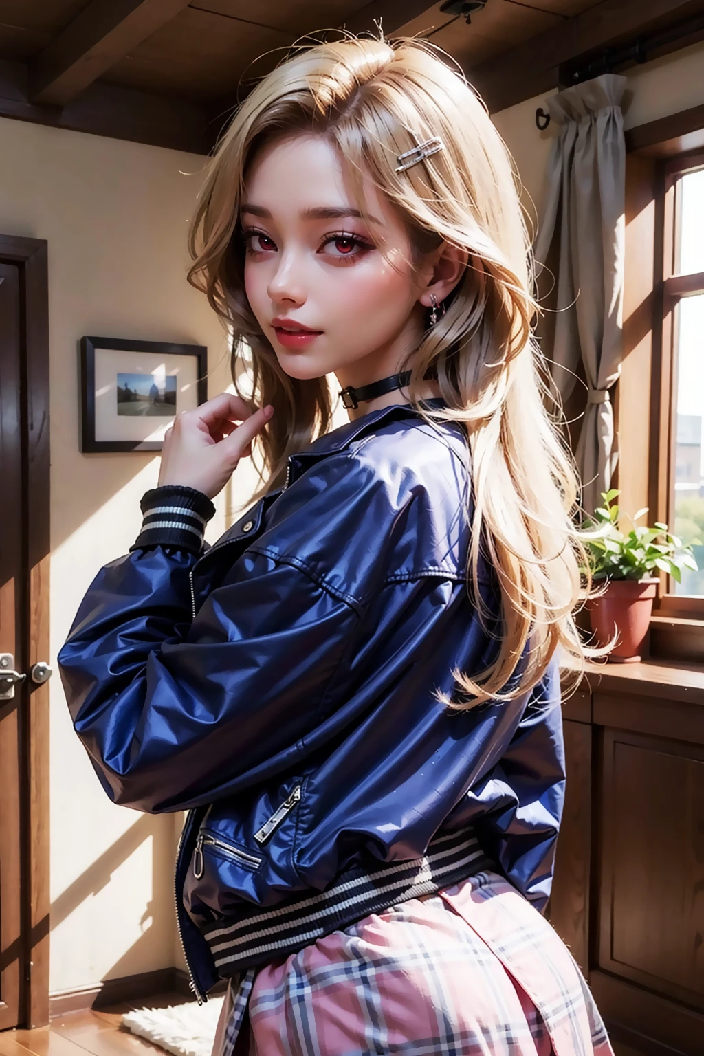 ((masterpiece)), ((ultra-detailed)), high_resolution, imtdein, 1girl, solo, from behind, seductive smile, pink eyes, plaid skirt, blonde hair, jacket, choker, hair ornament, long hair, hairclip, hoop earring, perfect hands, ahg, rolling eyes.
